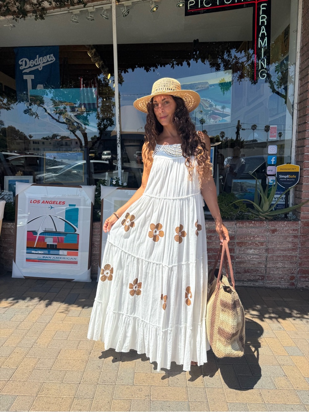 Handmade Floral Tiered CottonMaxi Dress - White with Brown Flower Accents